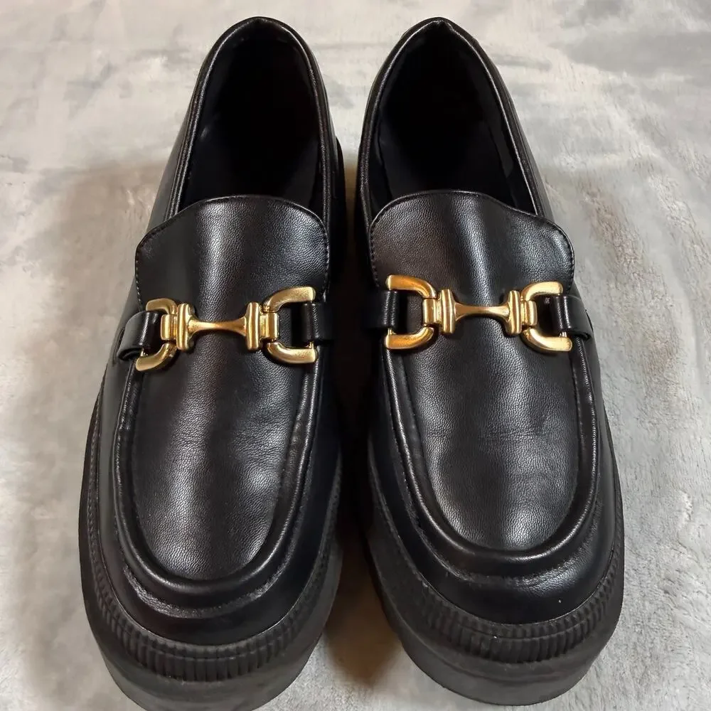 BCBGeneration Platform Loafers Gold Bit Chunky Black 6 Preppy, Dark Academia